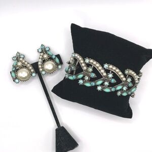 Vintage Faux Pearl Turquoise Crystal Wishbone Shape Bracelet Clip-on Set